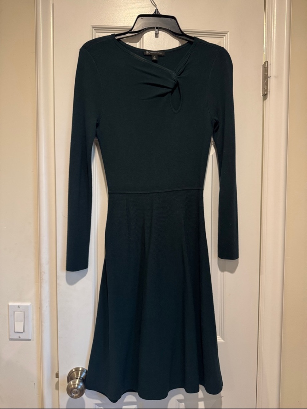 Long Sleeve Dark Green Knit Twist-Neck Fit & Flare Dress